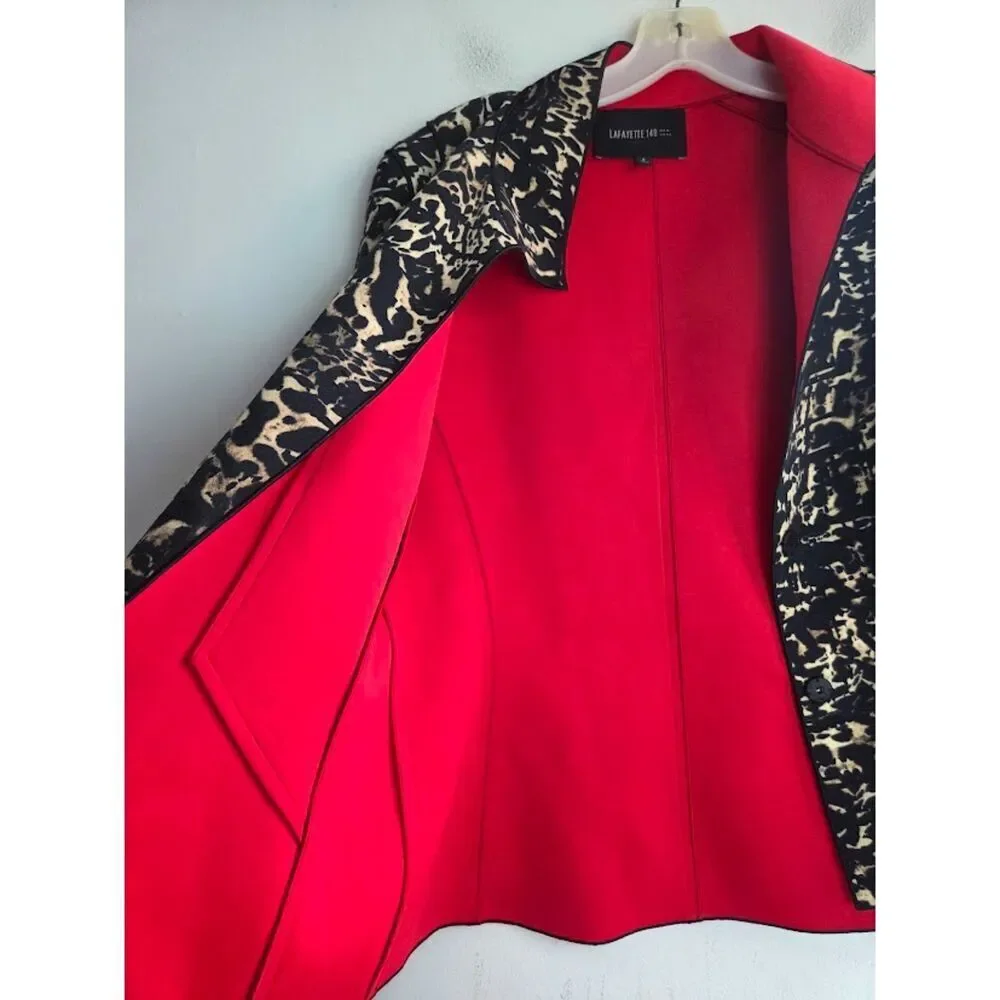 Lafayette 148 Black Leopard Print w/Red Lining Band Collar Blazer Jacket size 6